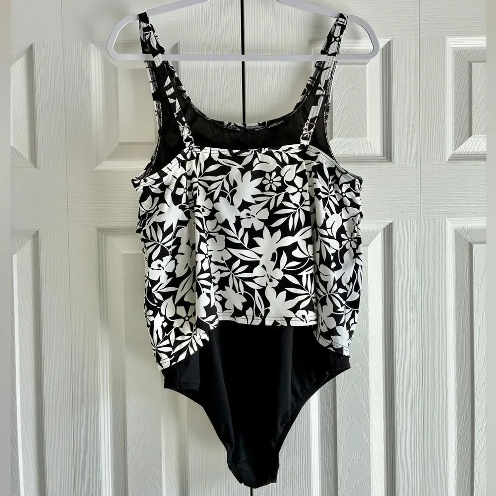 Lands’ End Swimsuit Women’s 16 One Piece Black White Floral Resort Cruise Wear